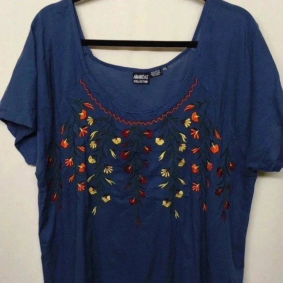 Anandas Boho Embroidered Tunic Top Navy Blue Fringe Hem Festival Style - Picture 2 of 7